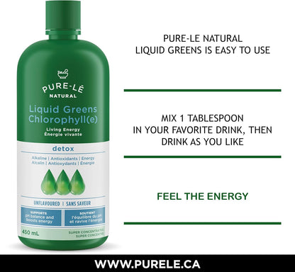 Pure-lē Natural Chlorophyll Liquid Greens | Organic (COR Certified), Gluten-Free, Vegan | Unflavored (450 mL) – Natural Body Deodorant, Alkalizing & Antioxidant Support