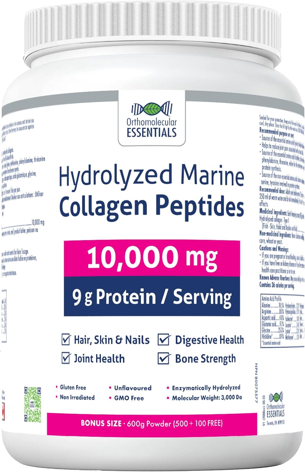 Orthomolecular Essentials 水解海洋膠原蛋白勝肽 - 純加拿大製造 10,000 毫克粉末，用於亮澤肌膚、強健骨骼和支持關節，600 克