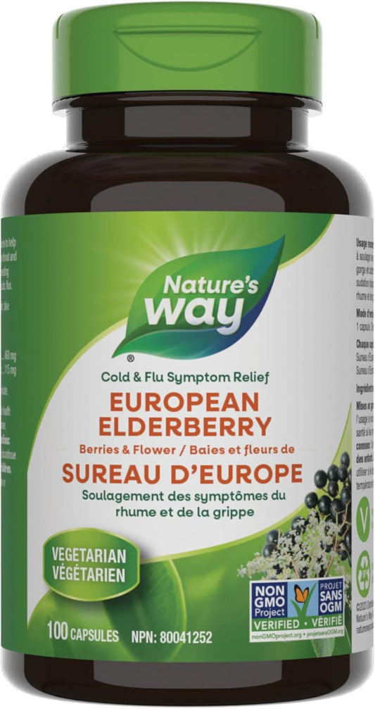 Nature's Way European Elderberry Capsules - Cold and Flu Symptom Relief – Cough, Sore Throat Support Supplement – Elderberry Berries & Flower - Non-GMO Verified - Vegetarian - For Adults & Kids - 100 Capsules