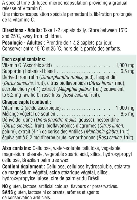 Jamieson 维生素 C 1000 毫克缓释胶囊，支持免疫健康，强健牙齿和骨骼。全天缓释维生素 C，素食，无麸质，100 粒装，加拿大制造