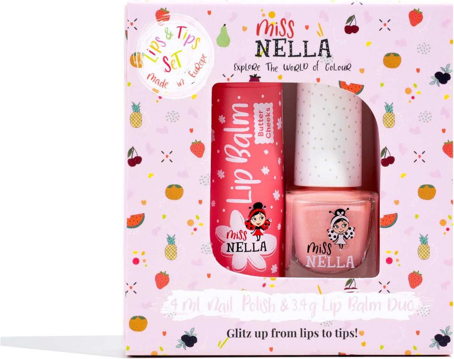 Miss Nella Nail Polis + Lip Balm set- Special Peach Glitter Nail Polish for Kids- PEACH SLUSHIE, with Peel-off, Water Based & Odour Free Formula + BUTTER CHEEKS pink hypoallergenic lip balm
