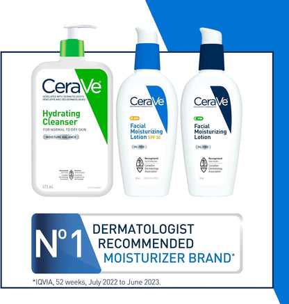 CeraVe 洁面乳和面霜套装（3 件装）、Cerave 日常必需品、保湿洁面乳、上午保湿乳液 SPF 30 和下午保湿乳液，含透明质酸和神经酰胺，无香型