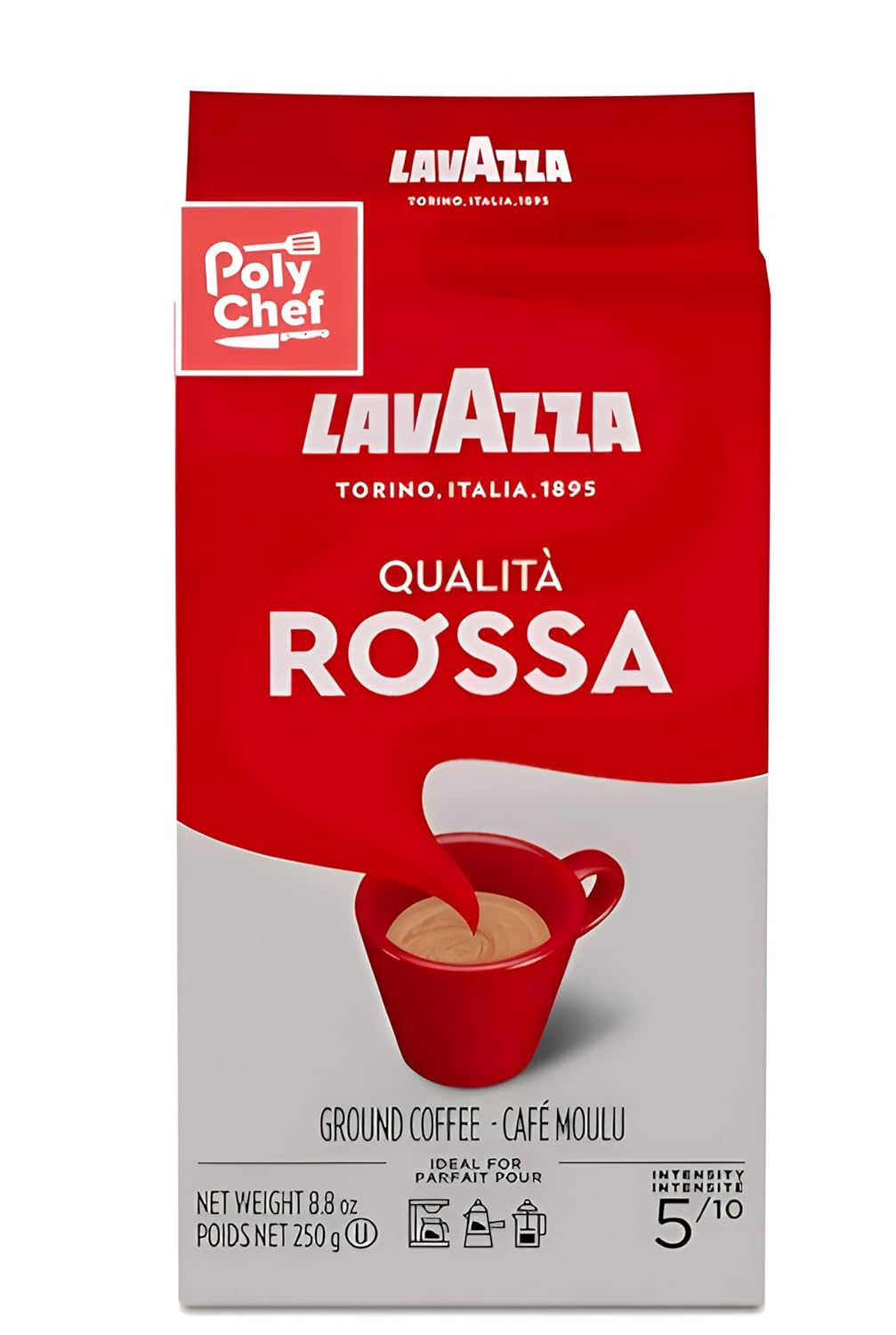 Lavazza Qualita Rossa 研磨咖啡混合袋，浓缩咖啡中度烘焙，250 克砖 - 非常适合咖啡、拿铁、卡布奇诺等