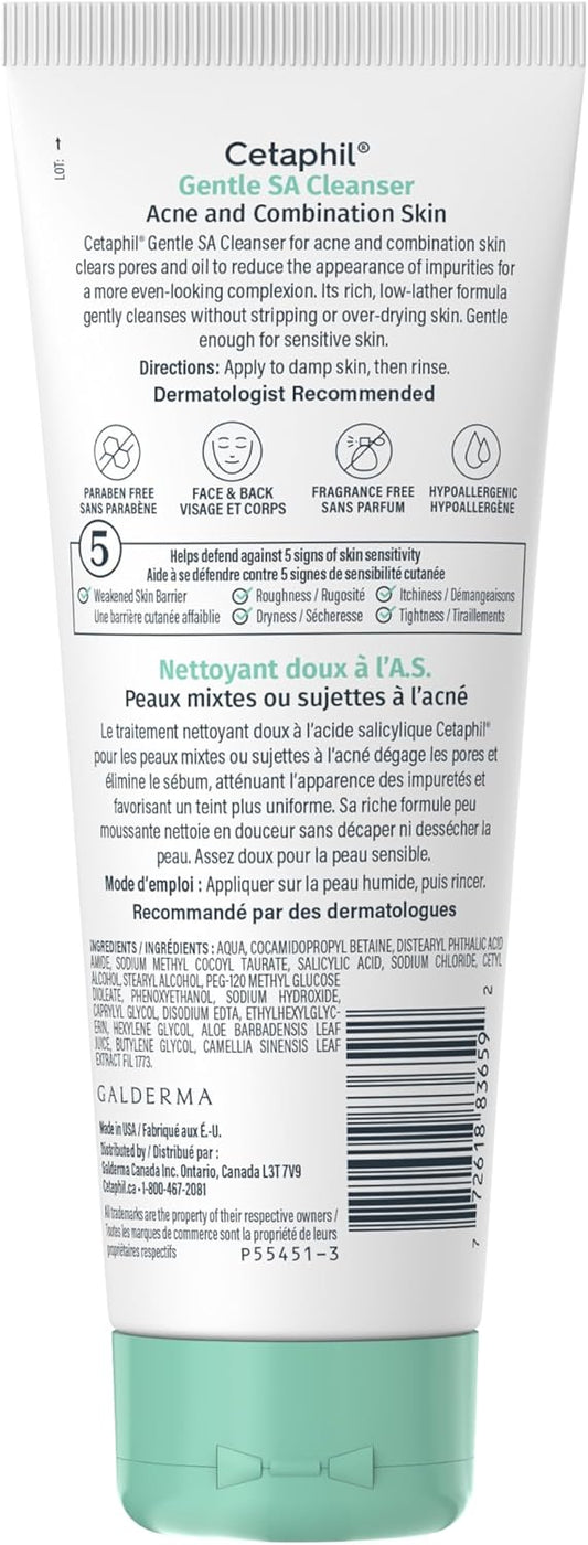 Cetaphil Gentle Salicylic Acid Cleanser | Clinically Proven For Sensitive, Acne Prone Skin | Reduces the Appearance of Pores | Fragrance Free | Paraben-Free | Dermatologist Recommended | 124ml