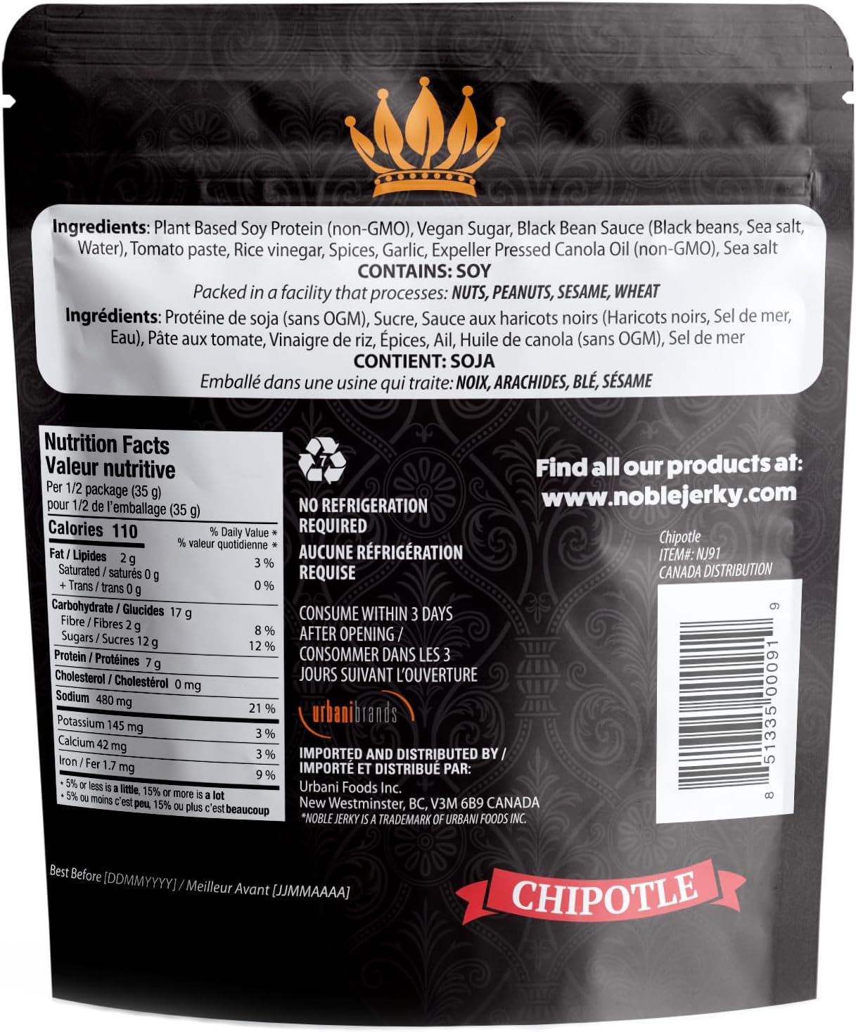 Noble Jerky – 健康、纯素肉干零食，素食，什锦装，70克（6袋）