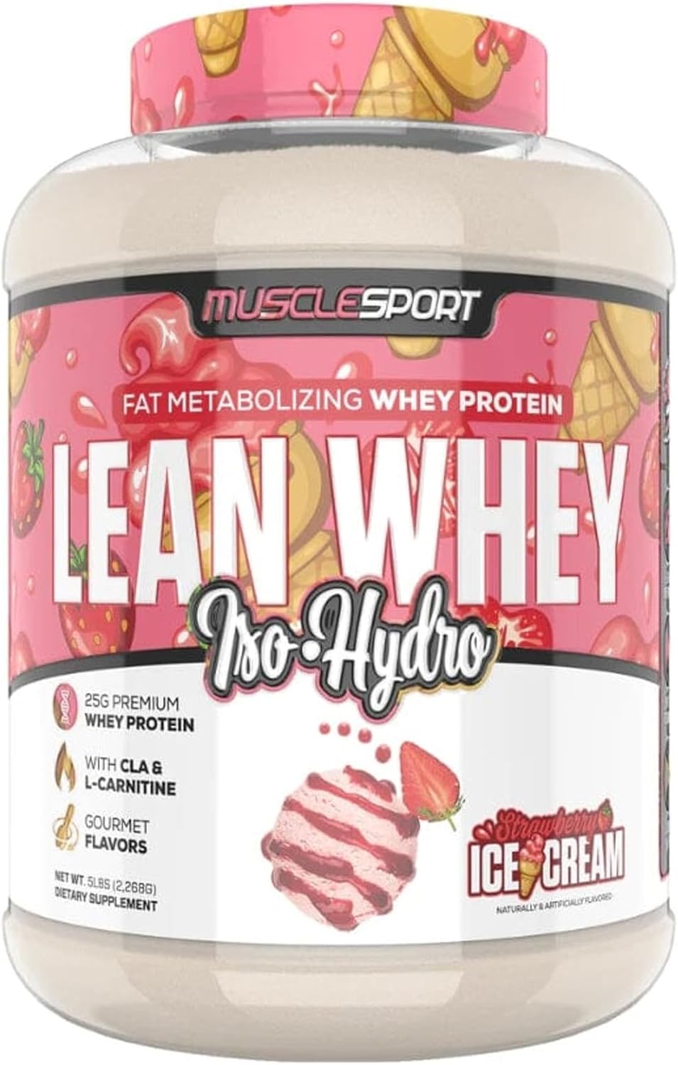 MuscleSport Lean Whey Protein Powder - Whey Protein Isolate - Low Calorie, Low Carb, Low Fat, Incredible Flavors - 25g Protein per Scoop - 5lb Strawberry Ice Cream