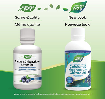 Nature's Way Calcium and Magnesium Citrate 2:1 - Liquid Supplement with Vitamin K2 and Collagen – Helps Support the Maintenance of Bones and Teeth – Blueberry Flavour, 500 mL