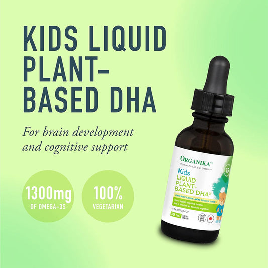 Organika 加拿大製造兒童液體植物基 DHA - 1,301 毫克 Omega 3 + DHA 和 EPA | 支持大腦、視力和認知發育，增強免疫防禦，適合 4-9 歲兒童，檸檬味 30 毫升