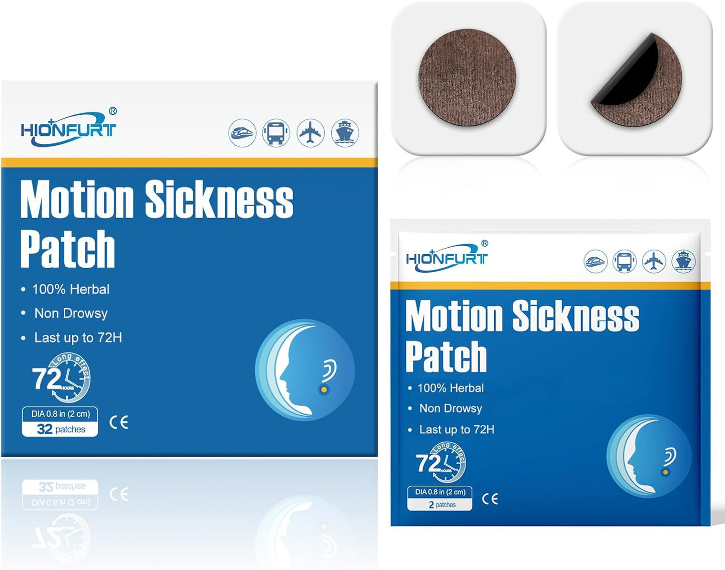 Hionfurt 32 片晕船贴，适用于游轮、汽车、轮船、飞机和其他形式的运动，晕船贴不瞌睡且有效，持续 72 小时