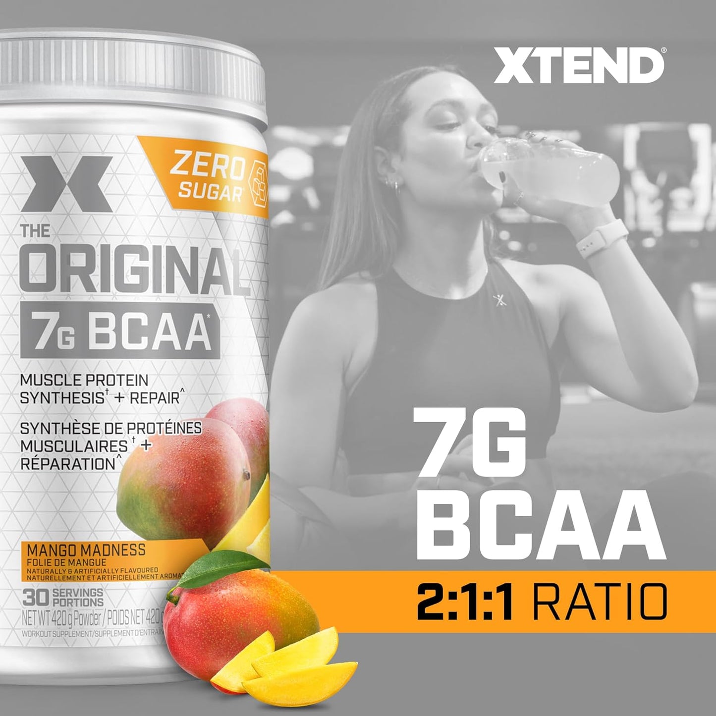 Scivation XTEND 原味 BCAA 粉 | 無糖運動後肌肉恢復飲料，含氨基酸 | 7 克 BCAA，男女適用 | 30 份，芒果味 - 420 克