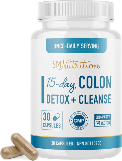 15 Day Colon Cleanse & Detox | Stool Softener & Constipation Relief for Adults | Gut Health Support | Colon Detox Cleanse With Probiotics for Women & Men | Gluten-Free | By SM Nutrition | 30 Capsules