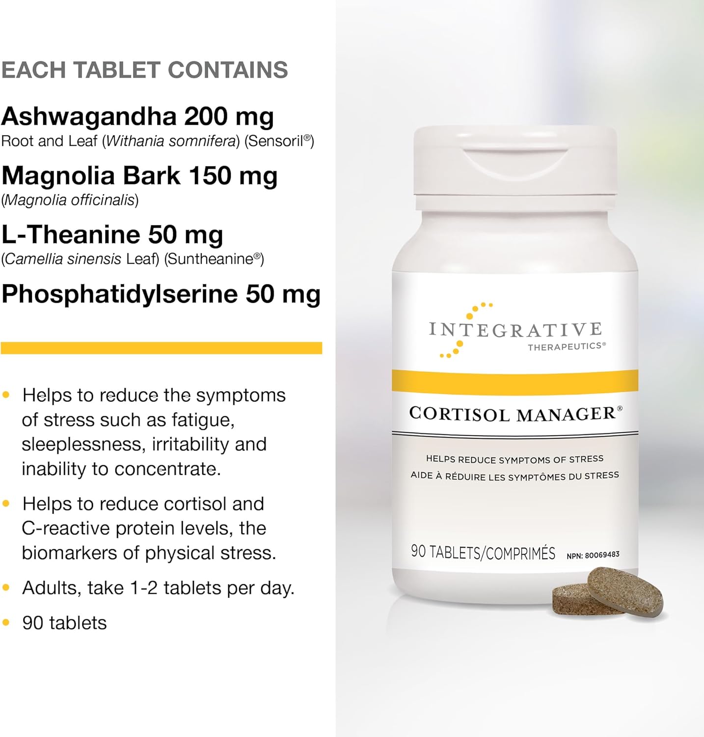 皮质醇管理器 - 综合治疗 - 睡眠支持补充剂*，含南非醉茄、木兰和 L-茶氨酸 - 传统阿育吠陀助眠剂 - 纯素 - 90 片