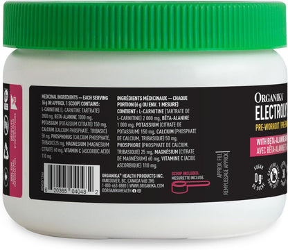Organika 電解質耐力 - 無糖運動前補充劑，含 β-丙氨酸和左旋肉鹼 - 櫻桃霜口味 - 180 克，30 份