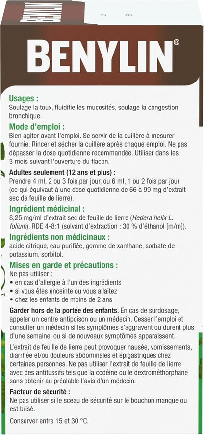 BENYLIN HERBAL Cough Syrup Ivy Leaf, Herbal Decongestant, Cold & Flu Relief, Cough Suppressant, Sugar Free, Antioxidants, 100-mL