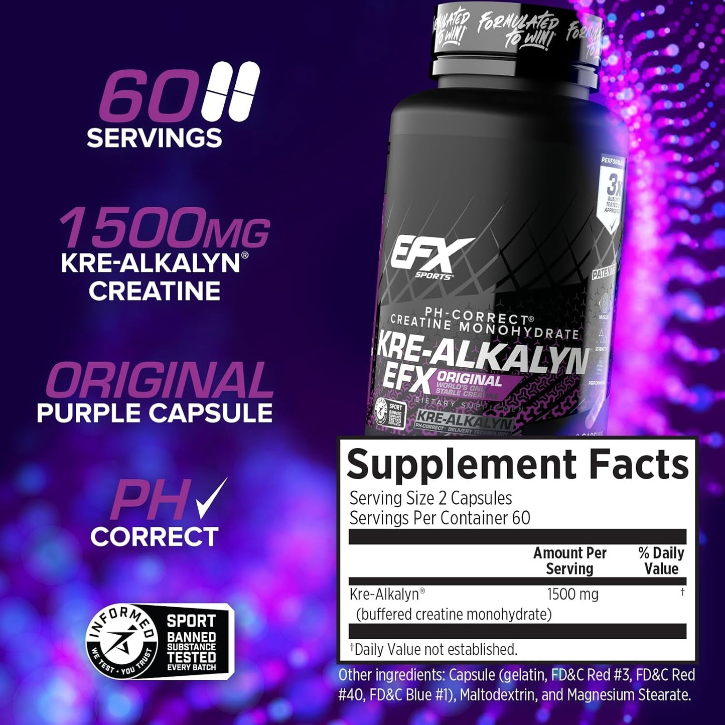 EFX Sports Kre-Alkalyn | PH 值校正肌酸一水合物 | 知情選擇，增強力量，鍛鍊肌肉，提升運動表現 I 不腹脹，不積水 - 120 粒膠囊/60 份