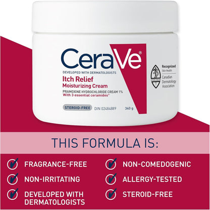 CeraVe 男女通用止痒保湿霜。适用于干性及易患湿疹的肌肤。这款止痒霜可缓解轻微刺激、蚊虫叮咬、晒伤和擦伤。含普莫卡因，无香型，340克