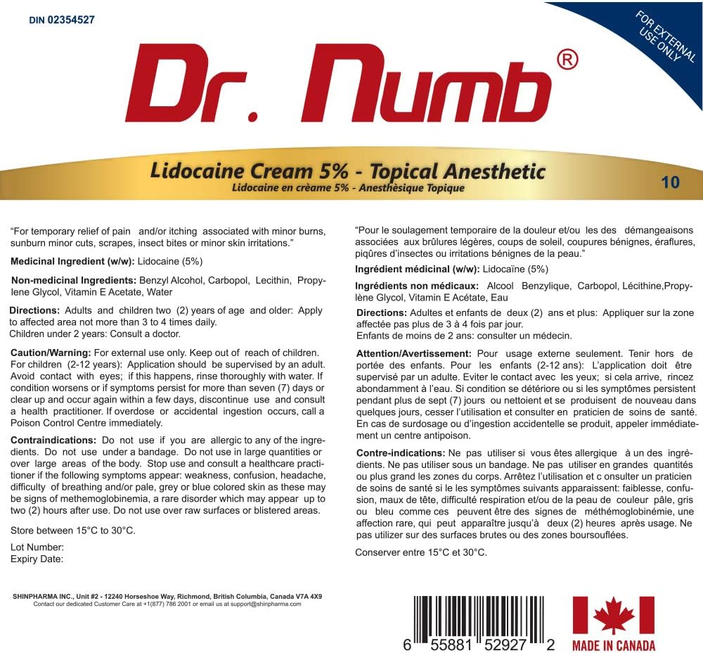 DR. NUMB 5% 利多卡因局部麻醉纹身麻醉霜 - 10 克 || 维生素 E 组合，用于缓解瘙痒、灼热和痔疮治疗的疼痛 (1)