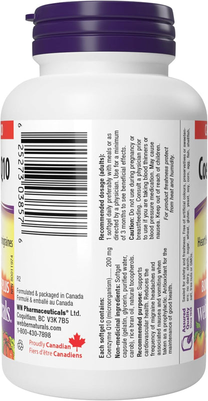 Webber Naturals 輔酶 Q10 (CoQ10) 200 毫克，高效抗氧化劑，非基因改造，無麩質，60 粒軟膠囊，用於心臟健康和細胞能量生成