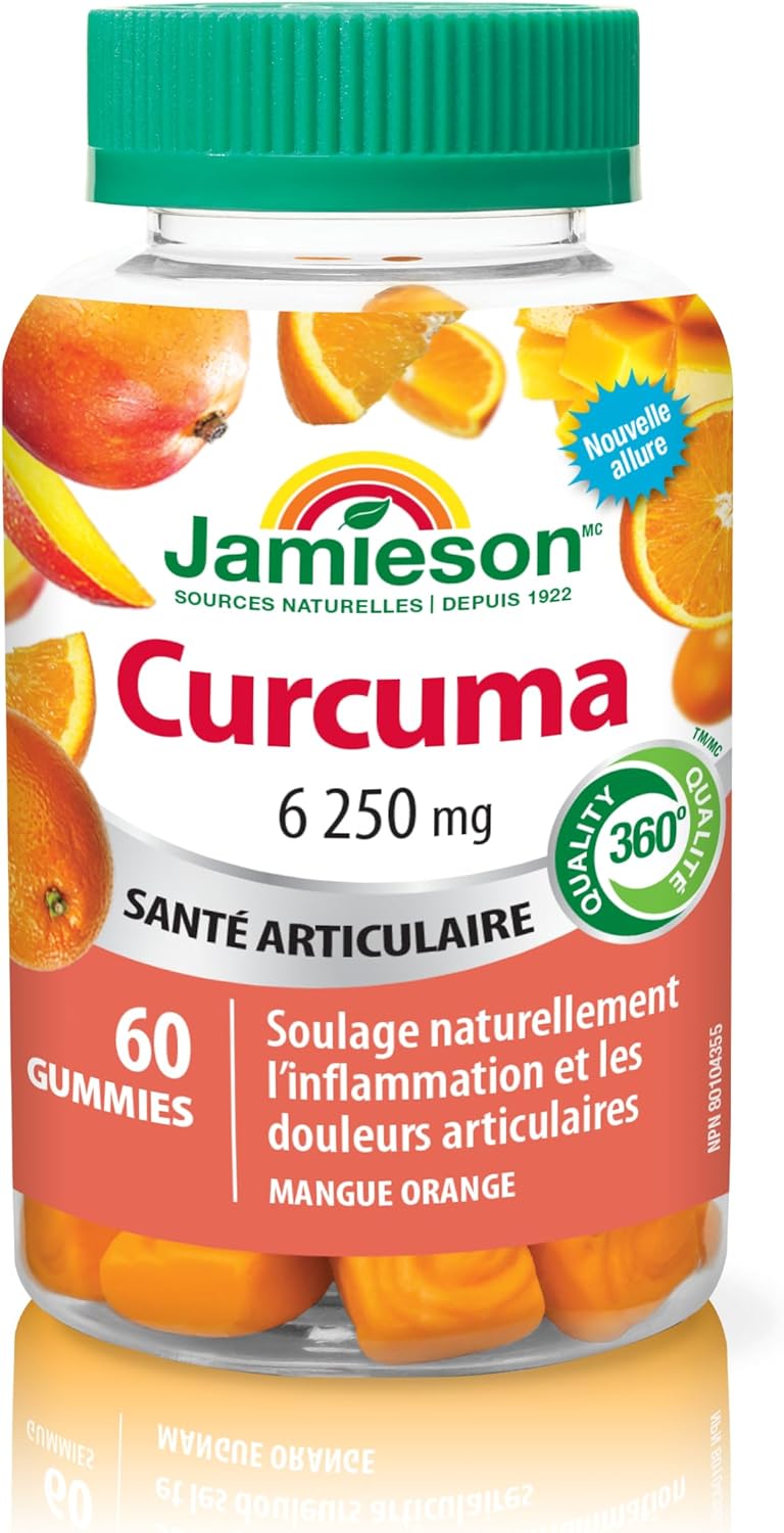 Jamieson Turmeric Gummies Mango Orange Flavour, Provides Natural Joint Pain Relief and Supports Inflammation, Potent Antioxidant. Vegetarian, Non-GMO, Gluten-Free, No Artificial Colours, or Flavours, 60 Count, Proudly Ca…