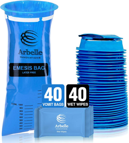 一次性嘔吐袋，嘔吐袋 - 40個嘔吐袋+40片濕紙巾，用於噁心、暈車、汽車、懷孕、化療嘔吐，藍色嘔吐袋，優質防漏，方便旅行