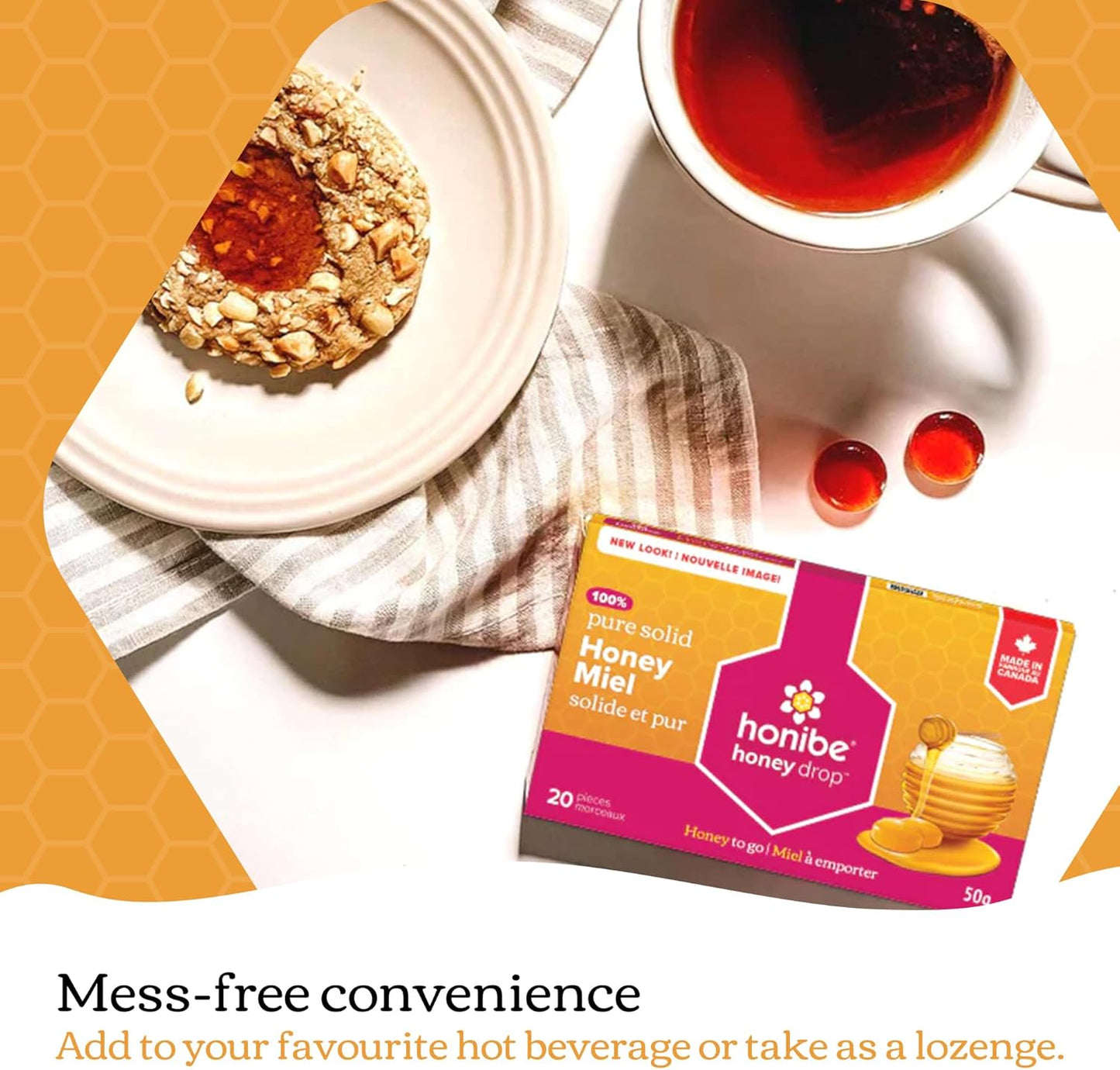 Honibe 蜂蜜滴剂 | 100% 纯蜂蜜 | 固体蜂蜜甜味剂 | 舒缓咽喉痛 | 12 包，每包 20 滴（240 滴）