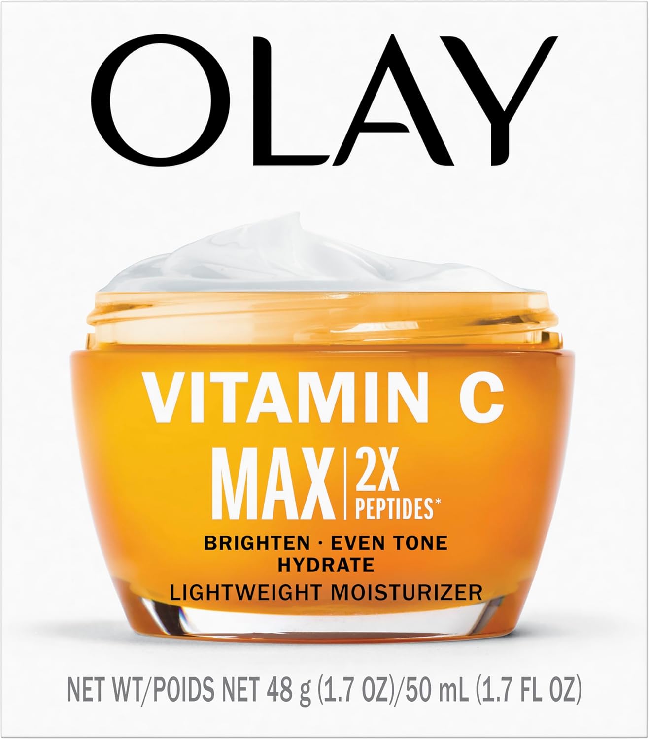 Olay Vitamin C MAX Face Moisturizer, Brightening Cream for Women, Hydrating, Evens Tone, Dark Spot & Hyperpigmentation Reduction, Glowing Skin Care - Niaciniamide, Peptides, 50 mL