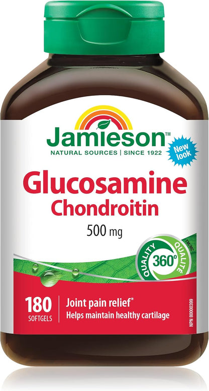 Jamieson 氨基葡萄糖软骨素 500 毫克，缓解关节疼痛，支持骨关节炎，并防止软骨退化。不含麸质，不含人工香料或防腐剂，180 粒软胶囊，加拿大制造