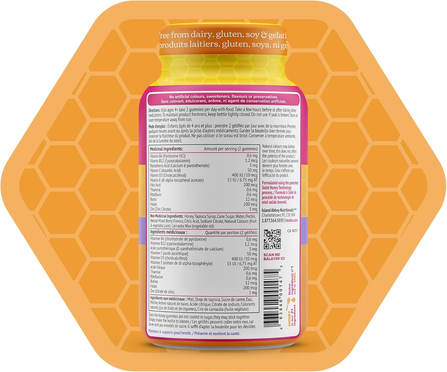 Honibe 兒童複合維生素軟糖，增強免疫力 | 加拿大製造蜂蜜維生素 | 兒童咀嚼軟糖維生素 | 兒童素食維生素軟糖 | 兒童鋅維生素小蜜蜂軟糖 | 70 粒軟糖