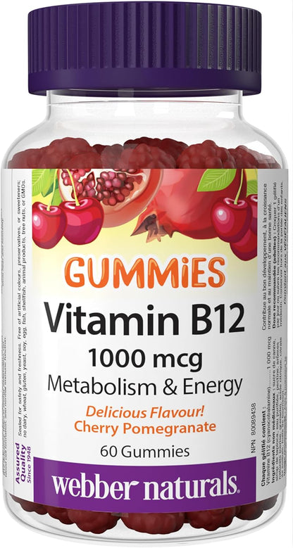 Webber Naturals 维生素 B12 氰钴胺 1,000 微克，60 粒软糖，支持能量生成和代谢，纯素