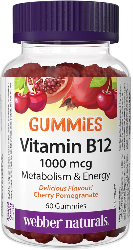 Webber Naturals Vitamin B12 Cyanocobalamin 1,000 mcg, 60 Gummies, Supports Energy Production and Metabolism, Vegan