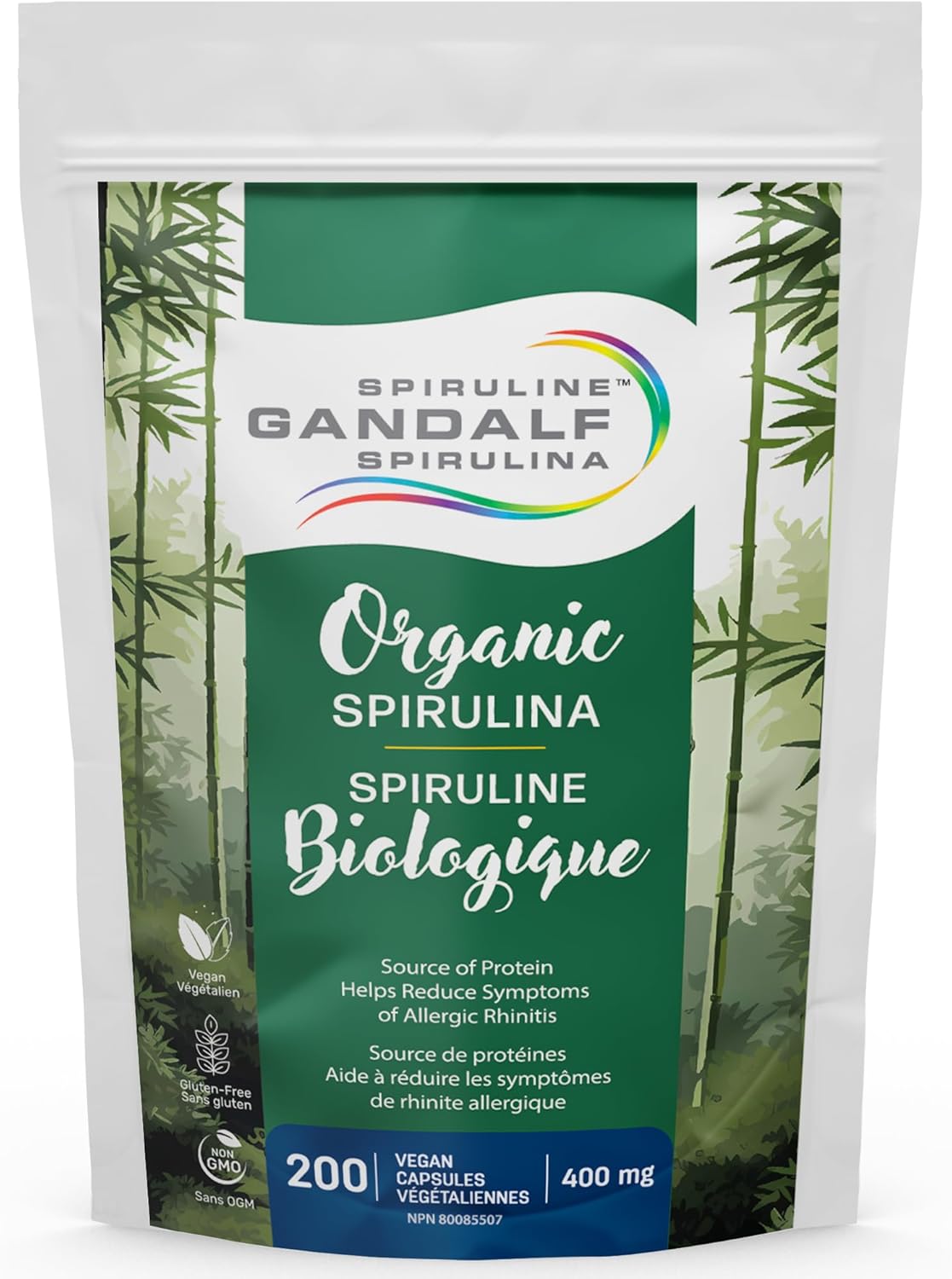 甘道夫加州純有機螺旋藻 400 毫克 200 粒素食膠囊 - 純素、非基因改造、無麩質 - 藍綠藻，富含鐵和抗氧化劑的營養豐富的超級食品，加州種植