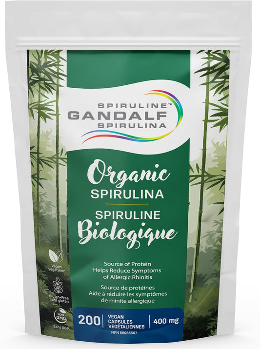甘道夫加州純有機螺旋藻 400 毫克 200 粒素食膠囊 - 純素、非基因改造、無麩質 - 藍綠藻，富含鐵和抗氧化劑的營養豐富的超級食品，加州種植