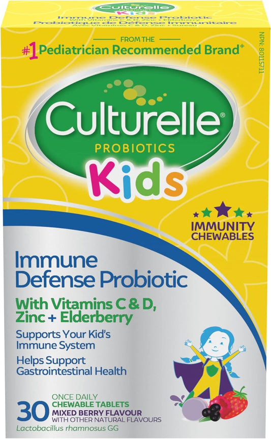 Culturelle Kids Immune Defense, Probiotic + Elderberry, Vitamin C and Zinc, Immune Support for Kids, Mixed Berry Chewables, 30 count