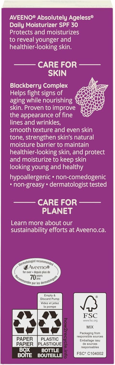 Aveeno Absolutely Ageless 每日保湿霜 SPF 30，抗衰老，面部，皱纹霜，抗氧化黑莓复合物；维生素 C 和 E，瓶装，1 包，50 毫升