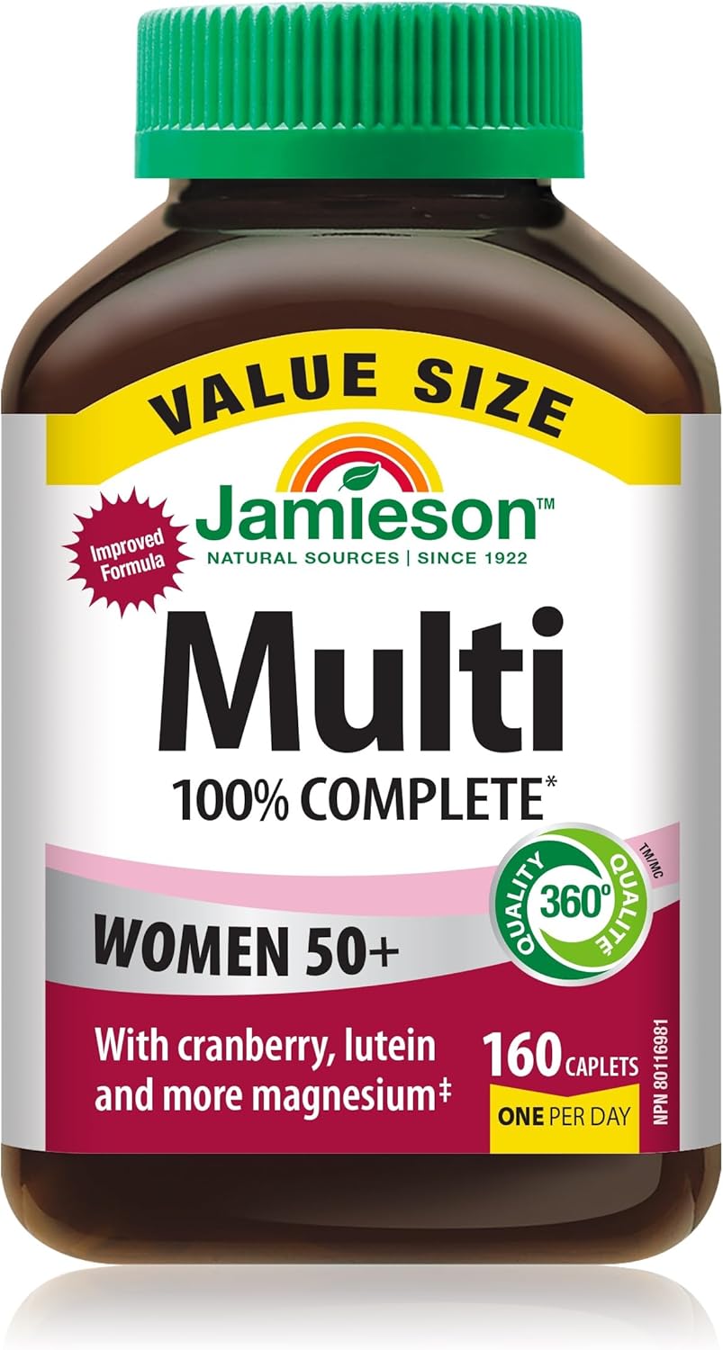 Jamieson 100% 複合維生素，適合 50 歲以上女性，含蔓越莓、葉黃素和更多鎂元素。支持免疫力、能量、整體健康、眼部護理和骨骼健康，無麩質，每日一片，160 粒膠囊