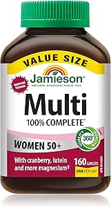 Jamieson 100% 複合維生素，適合 50 歲以上女性，含蔓越莓、葉黃素和更多鎂元素。支持免疫力、能量、整體健康、眼部護理和骨骼健康，無麩質，每日一片，160 粒膠囊