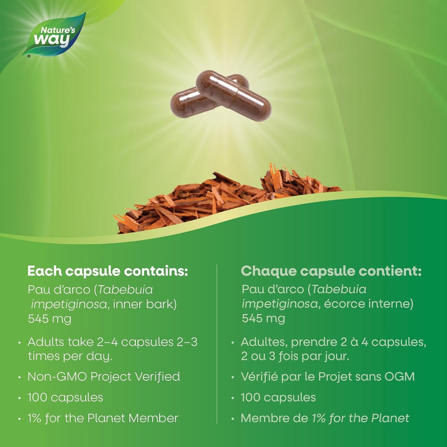 Nature's Way Pau d'Arco Inner Bark – Herbal Supplement Used to Help Treat Sore Throat and Colds – Non-GMO – 100 Vegetarian Capsules