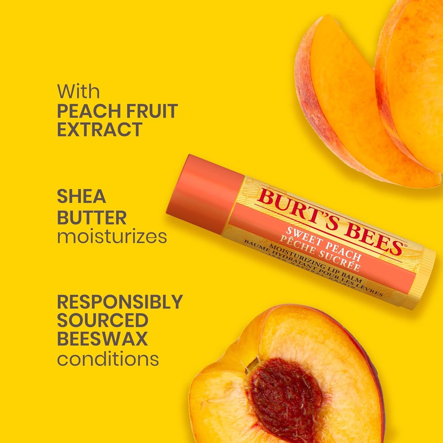 Burt's Bees 100% 天然保湿润唇膏，适用于干裂嘴唇，唇部护理，柔软光滑双唇，1 支装 - 甜桃色