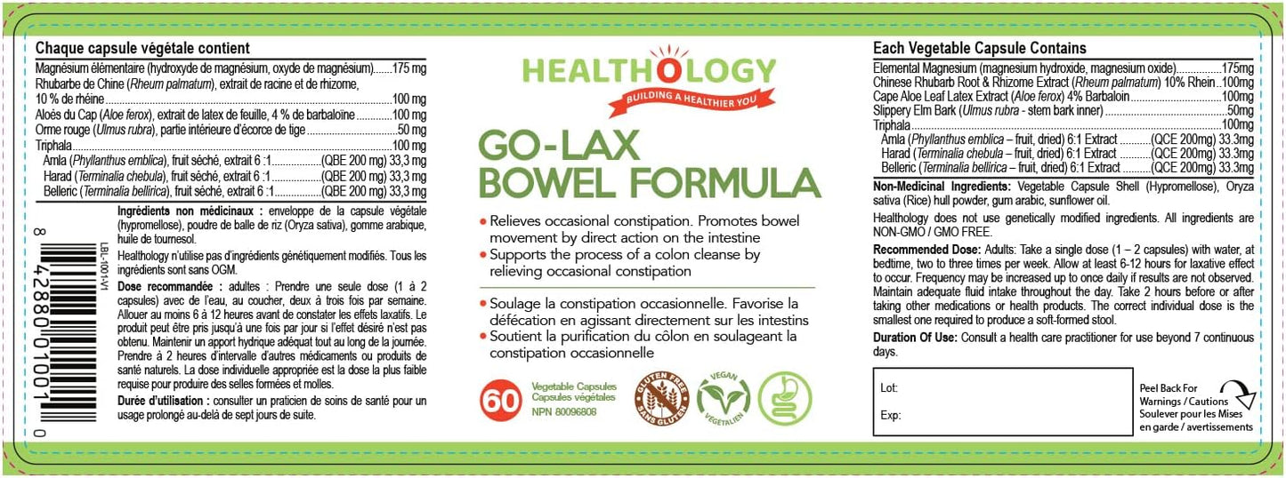 HEALTHOLOGY Go-Lax，腸道配方，天然瀉藥，有效緩解便秘補充劑，60 粒