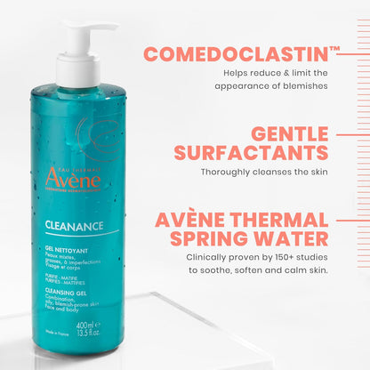 Eau Thermal Avène Cleanance 臉部和身體清潔凝膠，適合痤瘡皮膚的天然清潔劑，可生物降解，瓶裝，400 毫升
