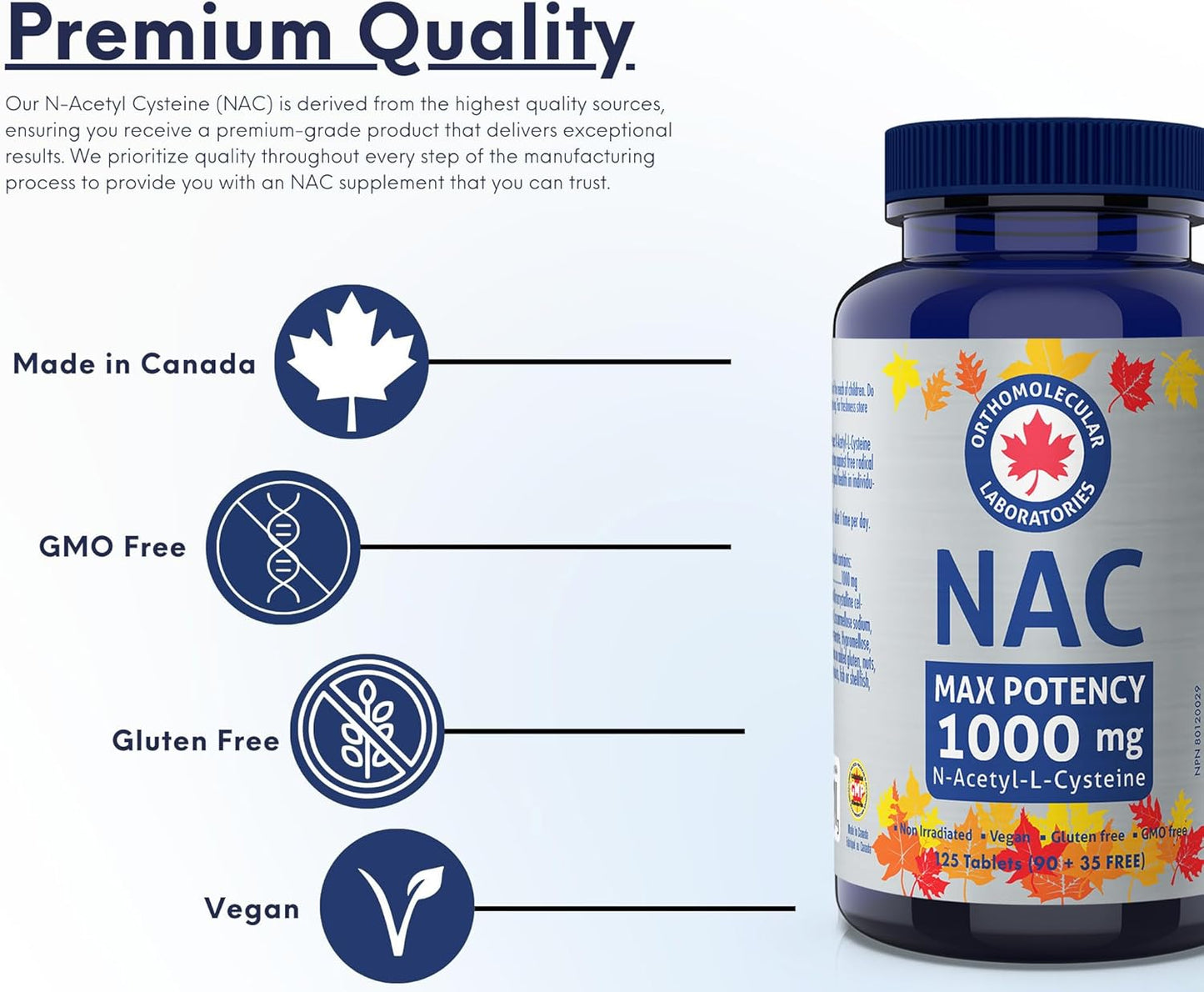 Orthomolecular Laboratories - NAC N-乙醯-L-半胱氨酸 1000 毫克，125 片，強效 125 天劑量 - 肝臟健康、肺部健康和呼吸系統補充劑 - N-乙醯半胱氨酸 NAC 穀胱甘肽補充劑