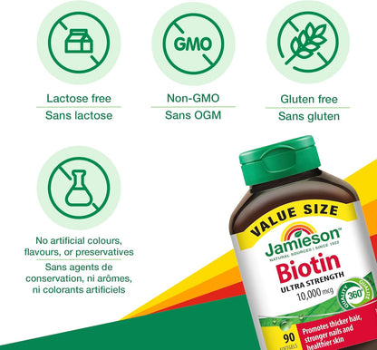 Jamieson 强效生物素软胶囊，10,000 微克，易于吞咽，有助于滋养浓密秀发、健康肌肤和强韧指甲。不含麸质，不含人工香料、色素或防腐剂，90 粒装，加拿大制造