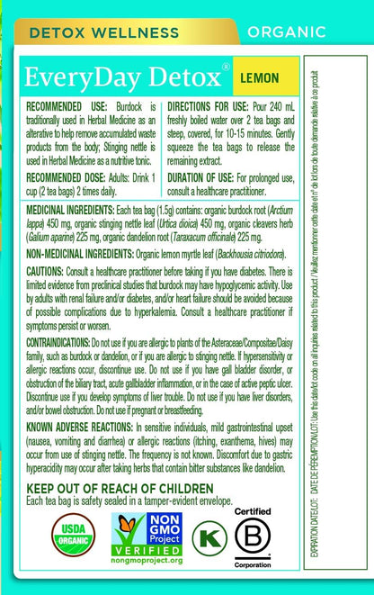Traditional Medicinals - 有机日常排毒柠檬草本茶（6 包）- 含荨麻和牛蒡根，可清除体内积聚的废物 - 共 96 个茶包
