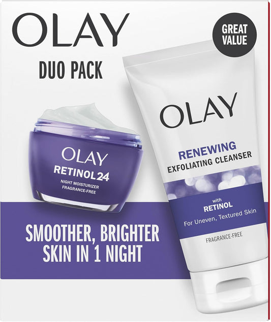 Olay Retinol 24 Anti-Aging Night, Duo Pack, Fragrance Free Night Moisturizer 50 mL, Exfoliating Cleanser, 150 mL