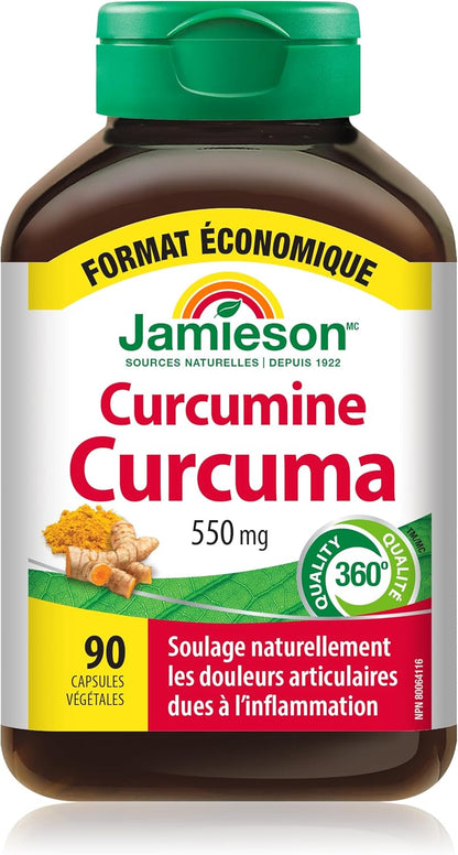 Jamieson Curcumin Turmeric 550 mg, Provides Natural Joint Pain Relief, Supports Inflammation, and Helps with Digestion. NON-GMO, Gluten-Free, 90 Vegetarian Capsules, Proudly Canadian