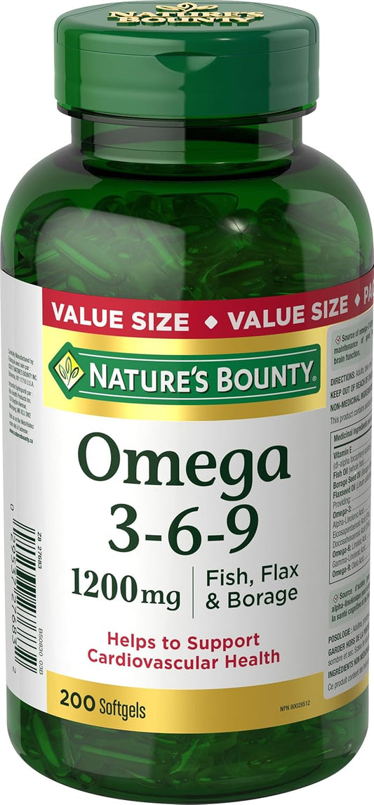 Nature's Bounty Omega 3 6 9 Fish Oil 1200mg Pills, Supplement & Calcium Pills plus Vitamin D3 Supplement, Helps maintain bones, 1200mg, 200 Softgels, Multi-colored, 200 Count (Pack of 1)
