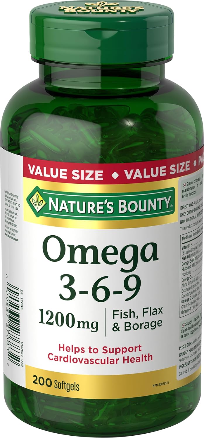 Nature's Bounty Omega 3 6 9 鱼油 1200 毫克丸剂、补充剂和维生素 D3 丸剂和补充剂，有助于支持免疫功能，1000 国际单位，500 粒软胶囊