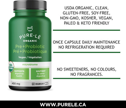 Pure-lē Organicaps – Organic Prebiotic + Probiotic Capsules, 60 Count