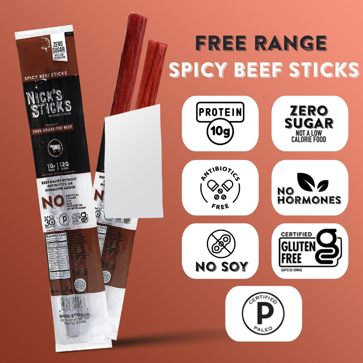 Nick's Sticks Spicy 100% Grass-Fed Beef Snack Sticks - Gluten Free - No Antibiotics or Hormones (6 Packages of 2 Sticks)