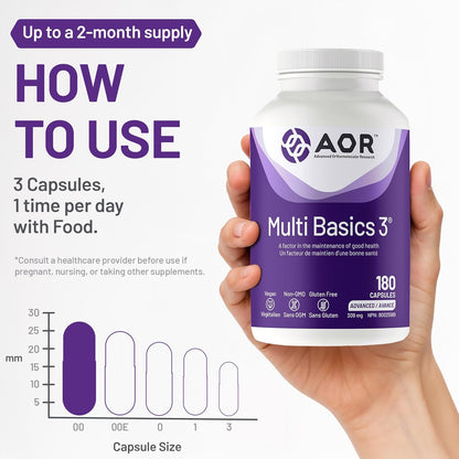 AOR 复合基础 3 309 毫克，180 粒胶囊，60 天用量 - 男女适用的综合复合维生素，无麸质，易于吞咽，无余味，成人每日必需维生素和矿物质补充剂